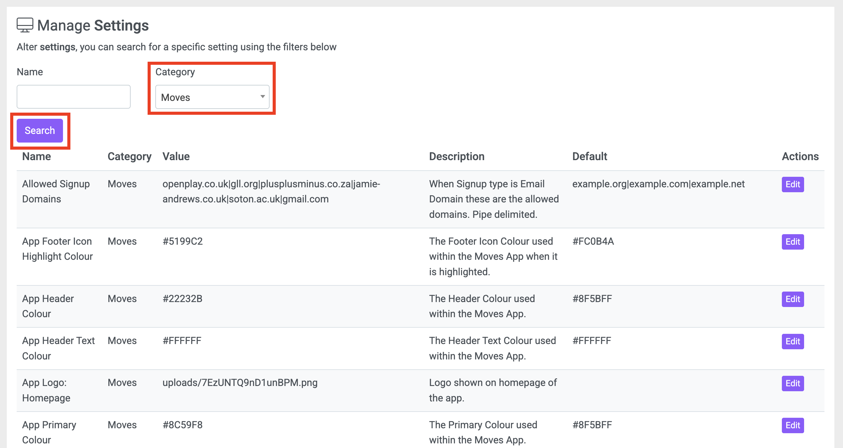 Manage Settings Moves