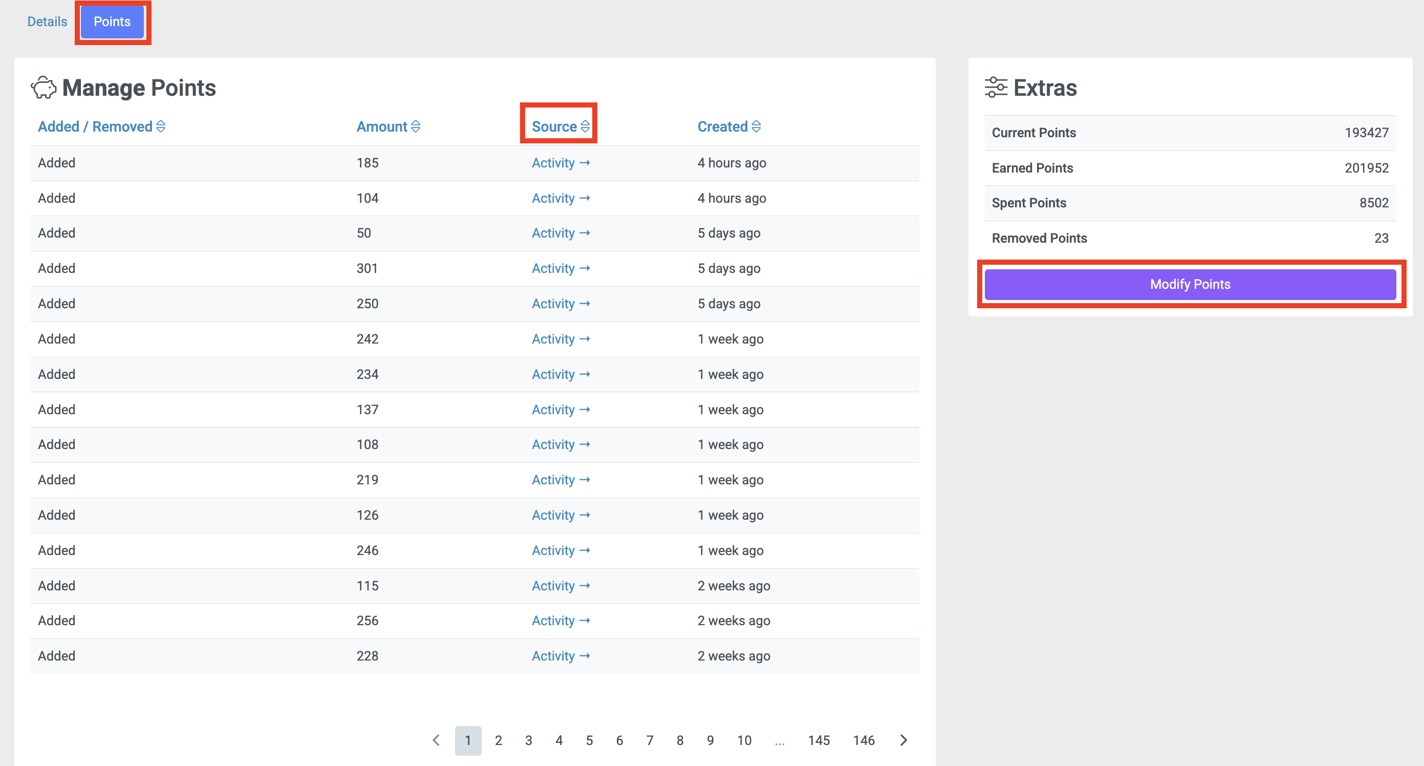 User's Points Activity